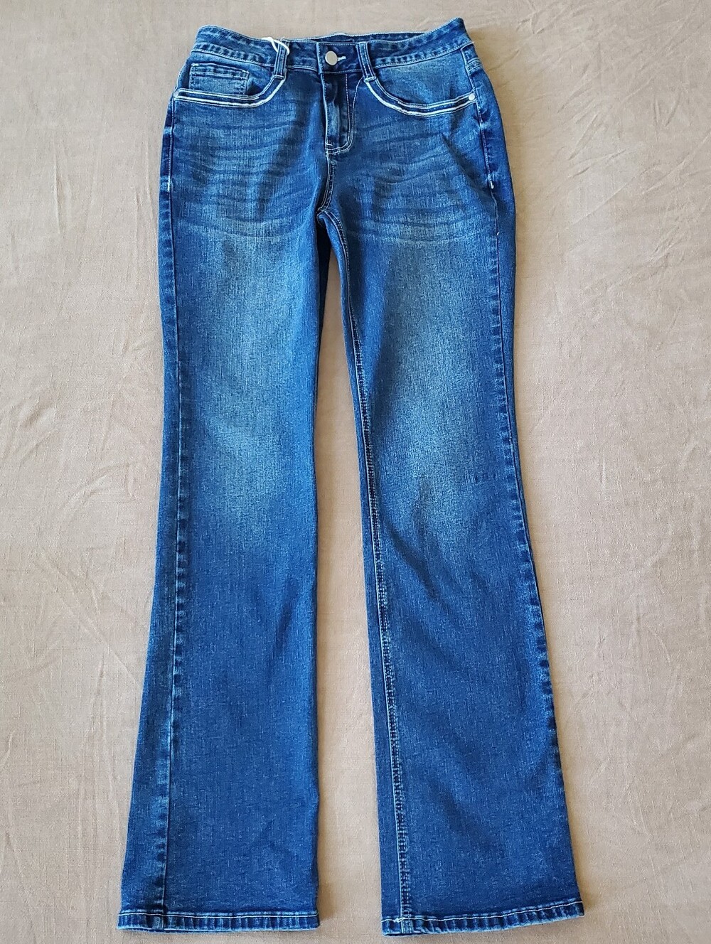 Flamingals Wash Embroidery Faux Leather Flap Pocket Mid Rise Bootcut Jeans M